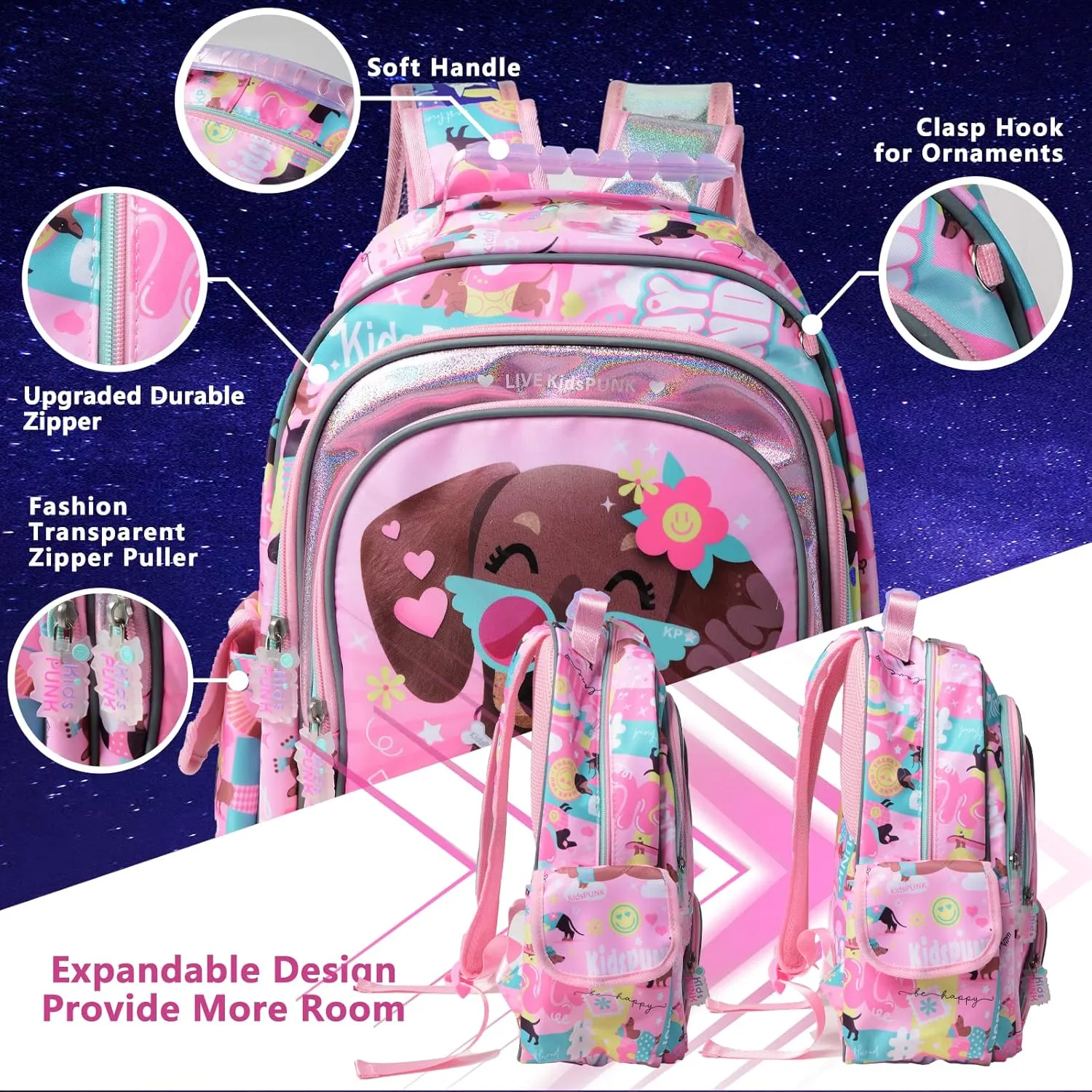 16 Inch Kids Backpacks, Cute Dog Backpack for Girls Kawaii Light Pink Backpack for Preschool Kindergarten Elementary Large Capacity