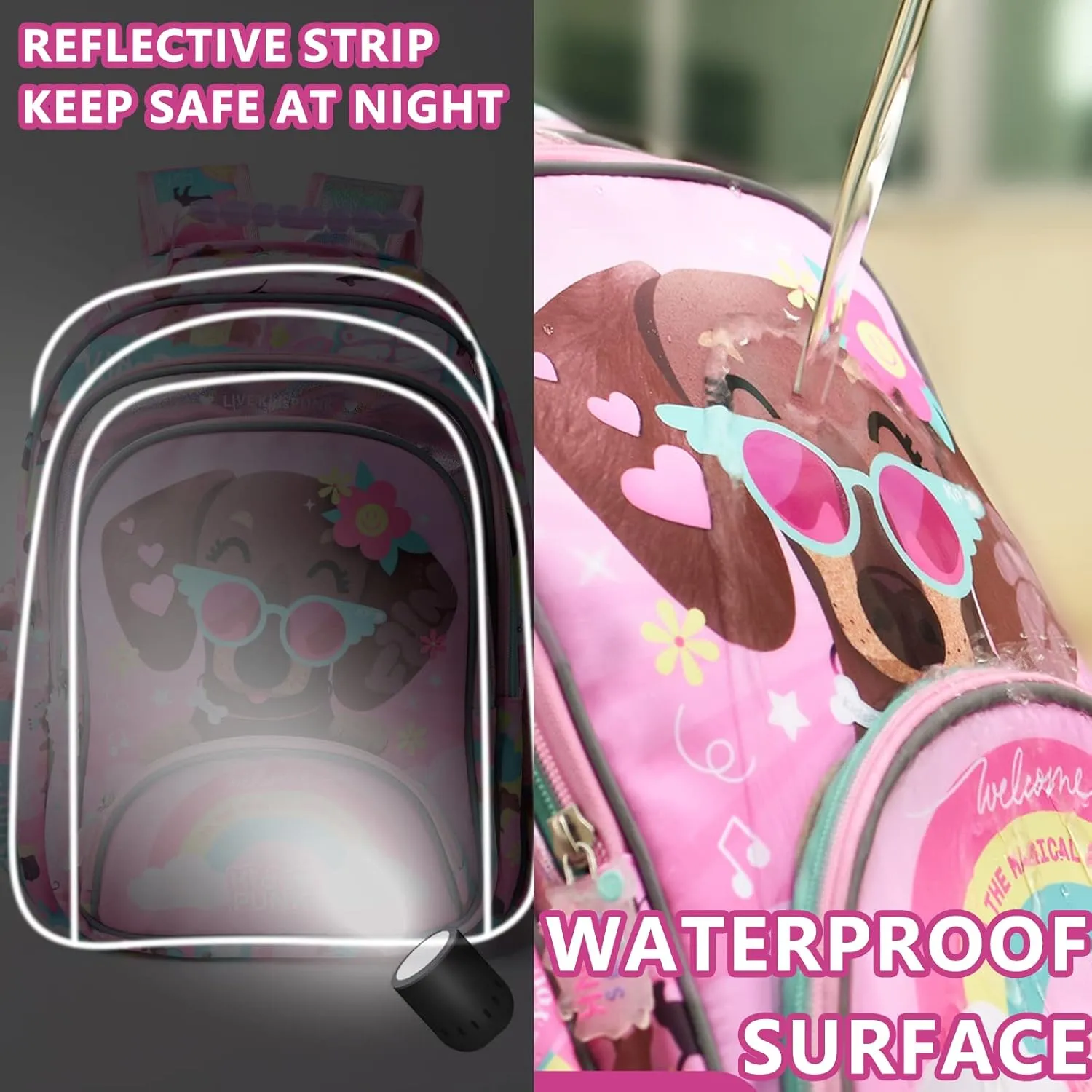 16 Inch Kids Backpacks, Cute Dog Backpack for Girls Kawaii Light Pink Backpack for Preschool Kindergarten Elementary Large Capacity