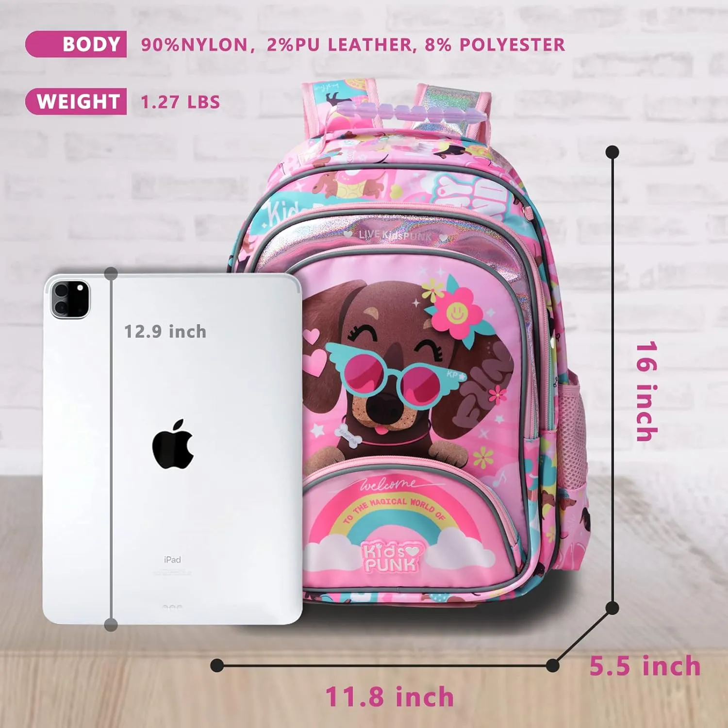 16 Inch Kids Backpacks, Cute Dog Backpack for Girls Kawaii Light Pink Backpack for Preschool Kindergarten Elementary Large Capacity