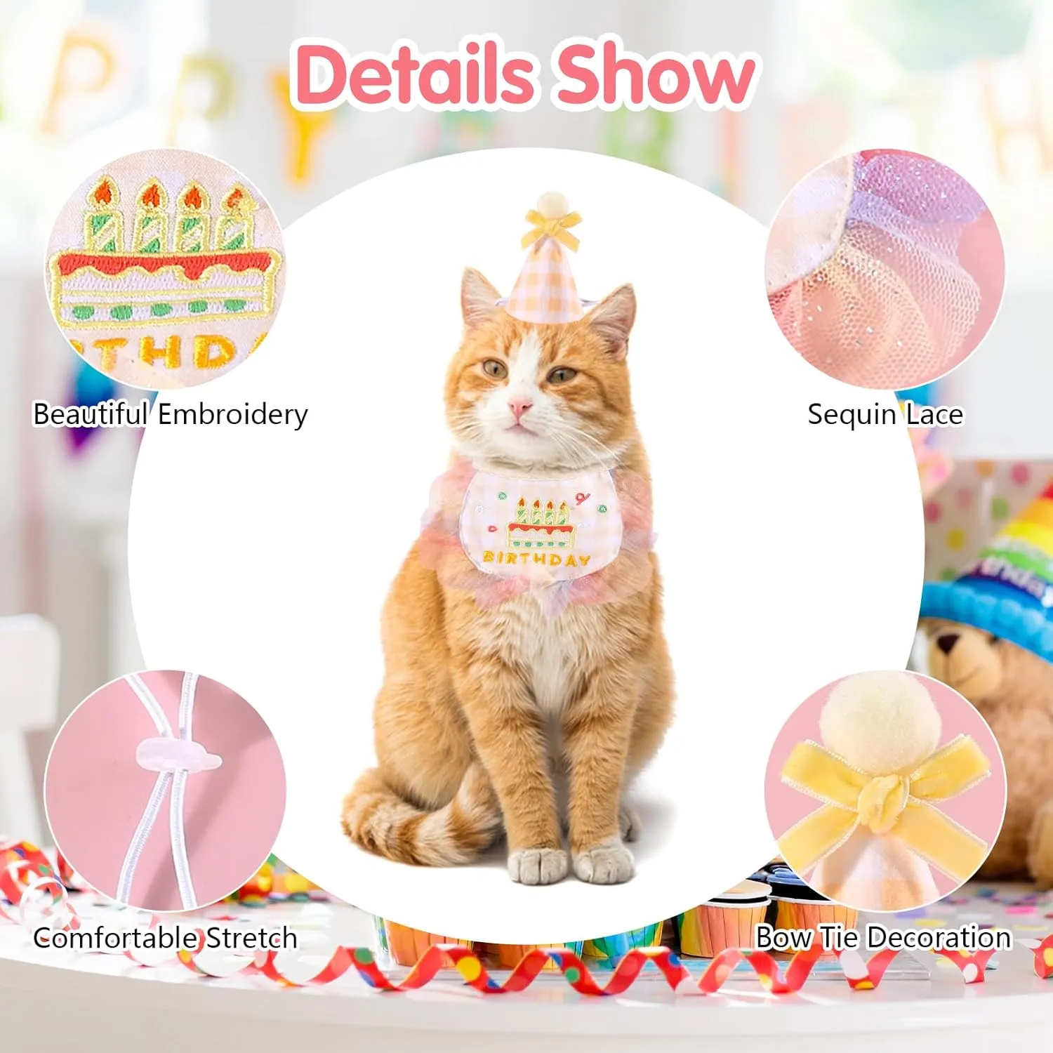 2Pcs Pet Happy Birthday Hat Scarf Set - Cute Embroidered Cat Bandana Outfit - Cat Plaid Pattern Princess Costumes - Dog Lace Bib - Pet Party Supplies Decoration (Yellow)