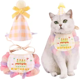 2Pcs Pet Happy Birthday Hat Scarf Set - Cute Embroidered Cat Bandana Outfit - Cat Plaid Pattern Princess Costumes - Dog Lace Bib - Pet Party Supplies Decoration (Yellow)