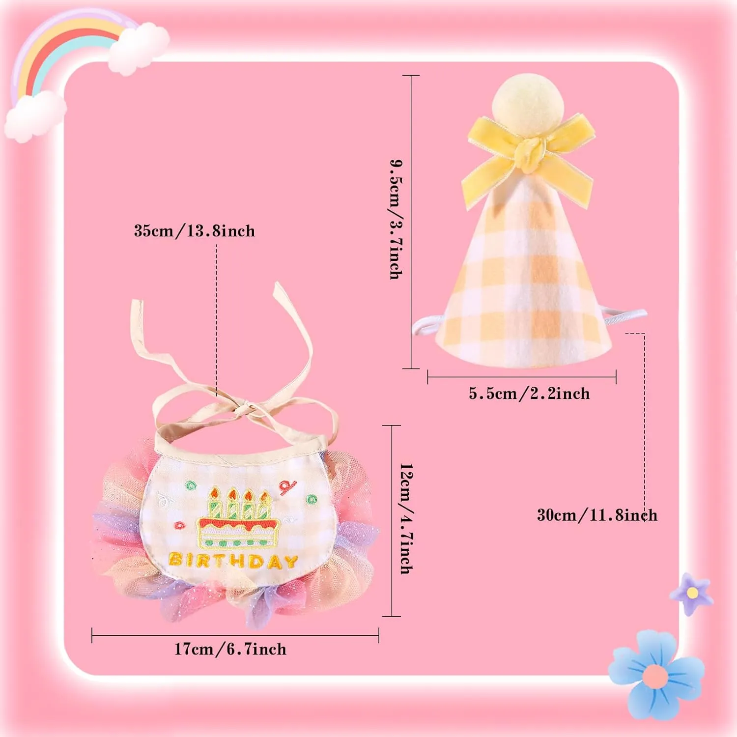 2Pcs Pet Happy Birthday Hat Scarf Set - Cute Embroidered Cat Bandana Outfit - Cat Plaid Pattern Princess Costumes - Dog Lace Bib - Pet Party Supplies Decoration (Yellow)