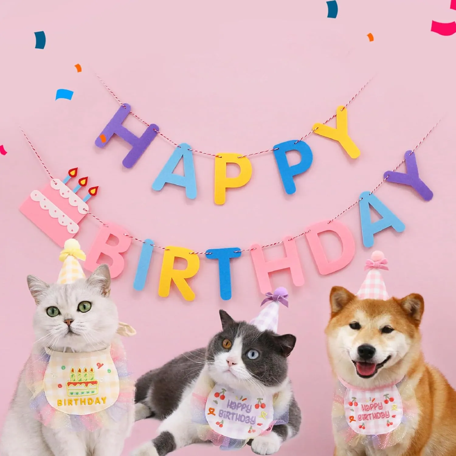 2Pcs Pet Happy Birthday Hat Scarf Set - Cute Embroidered Cat Bandana Outfit - Cat Plaid Pattern Princess Costumes - Dog Lace Bib - Pet Party Supplies Decoration (Yellow)
