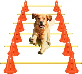 AEDNX Dog Agility Hurdle Cone Set Dog Agility Course Backyard Set Include 12 Agility Cones 6 Agility Rods Dog Agility Training Equipment Height Adjustable Obstacle with Storage Bag Orange