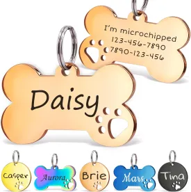 Anavia Paw Print Pet ID Tags, S/M/L Personalized Color Plated Stainless Steel Cat Dog Tags, Customized Engraved Glossy Dog Name Tag Pet Collar Tag (Rose Gold, Bone-Medium)