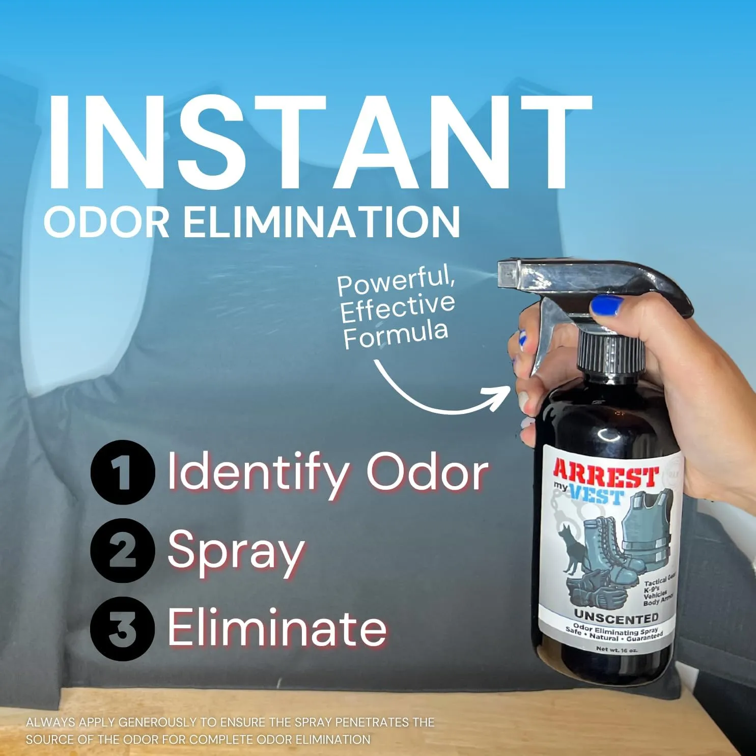 Arrest My Vest Military and Police Grade Odor Eliminating Spray for Body Armor Odor, Tactical Gear. Safe on K9's. Triple Pack of 3 Midnight 4 oz Bottles