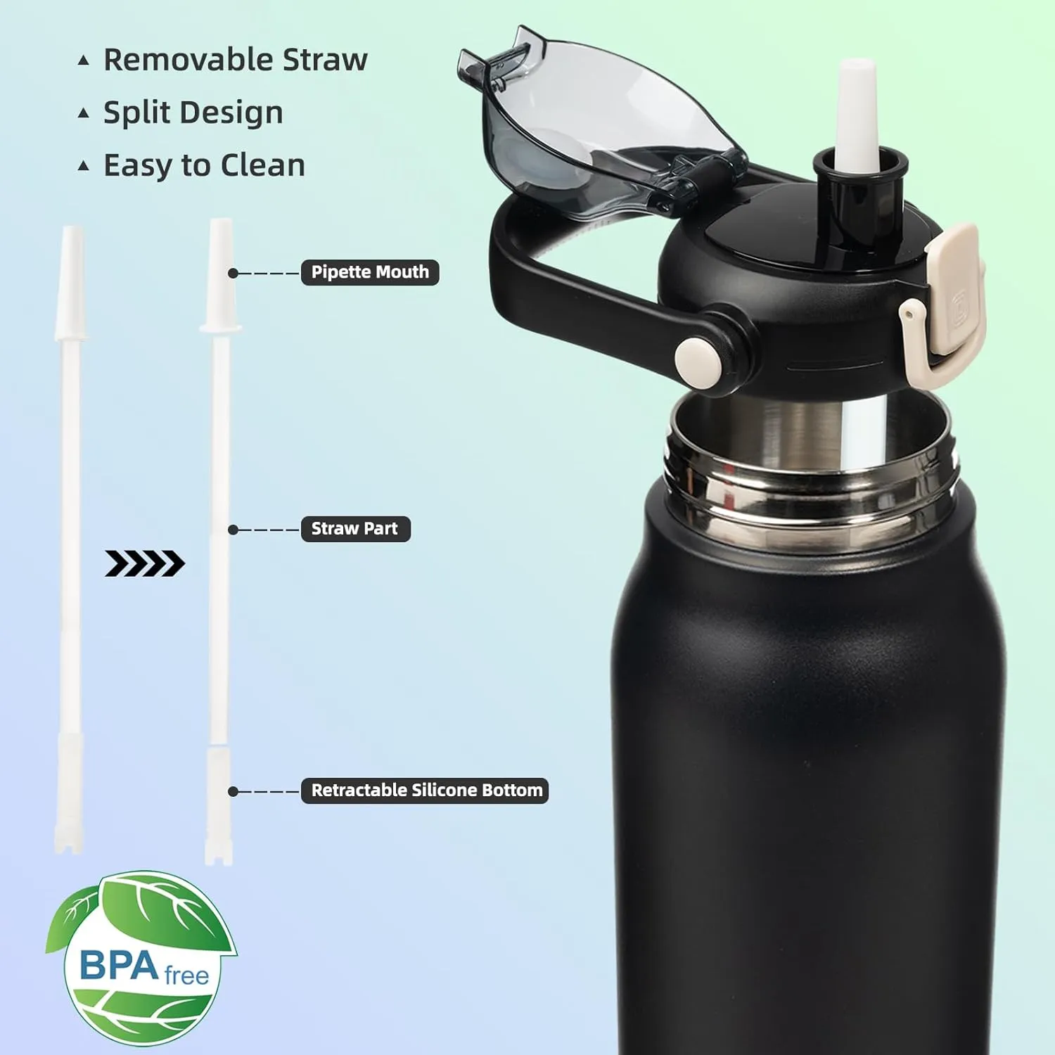 BJPKPK Insulated Water Bottles with Straw, 35 oz Stainless Steel Metal Water Bottle with One-handed Opening Lid, BPA Free Sport Jugs, Thermos, Flasks for Men & Women, Black