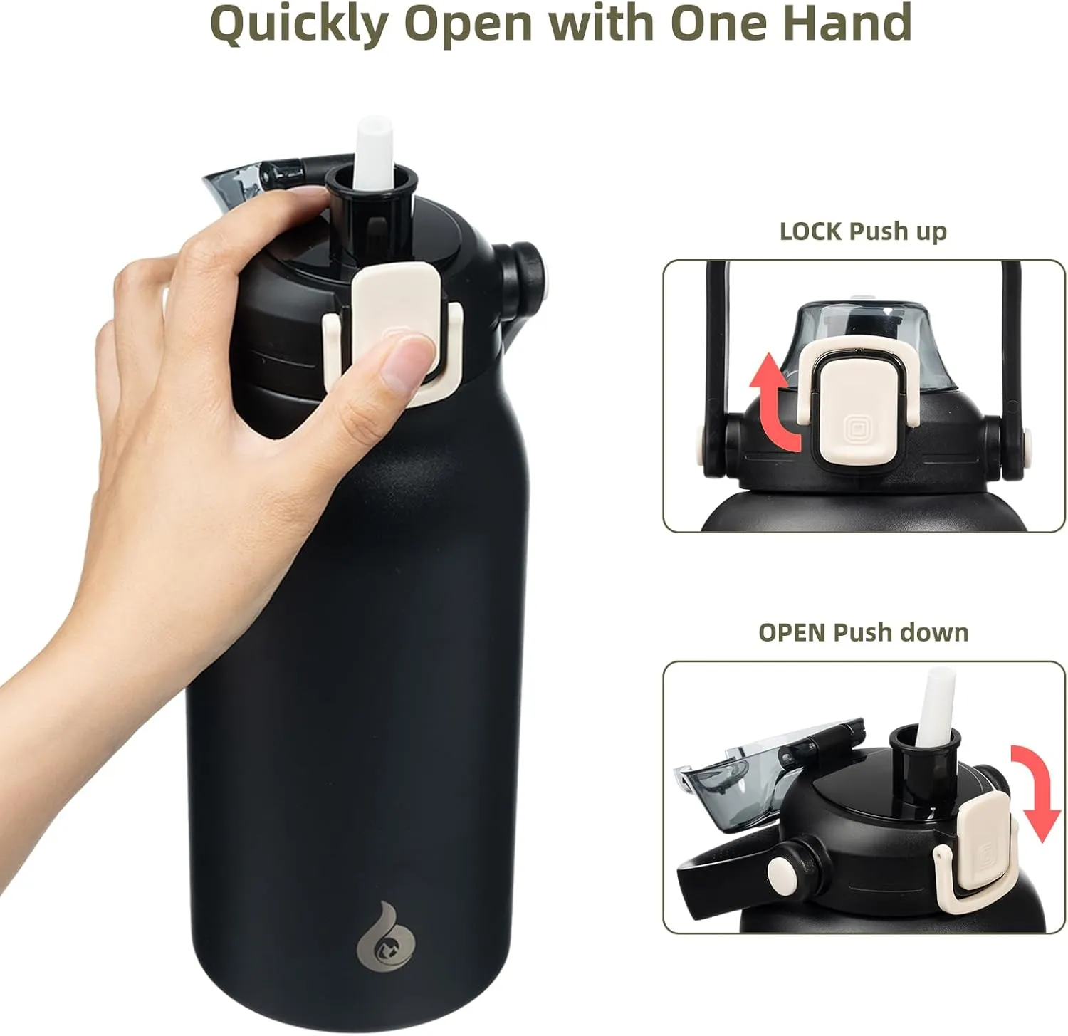 BJPKPK Insulated Water Bottles with Straw, 35 oz Stainless Steel Metal Water Bottle with One-handed Opening Lid, BPA Free Sport Jugs, Thermos, Flasks for Men & Women, Black