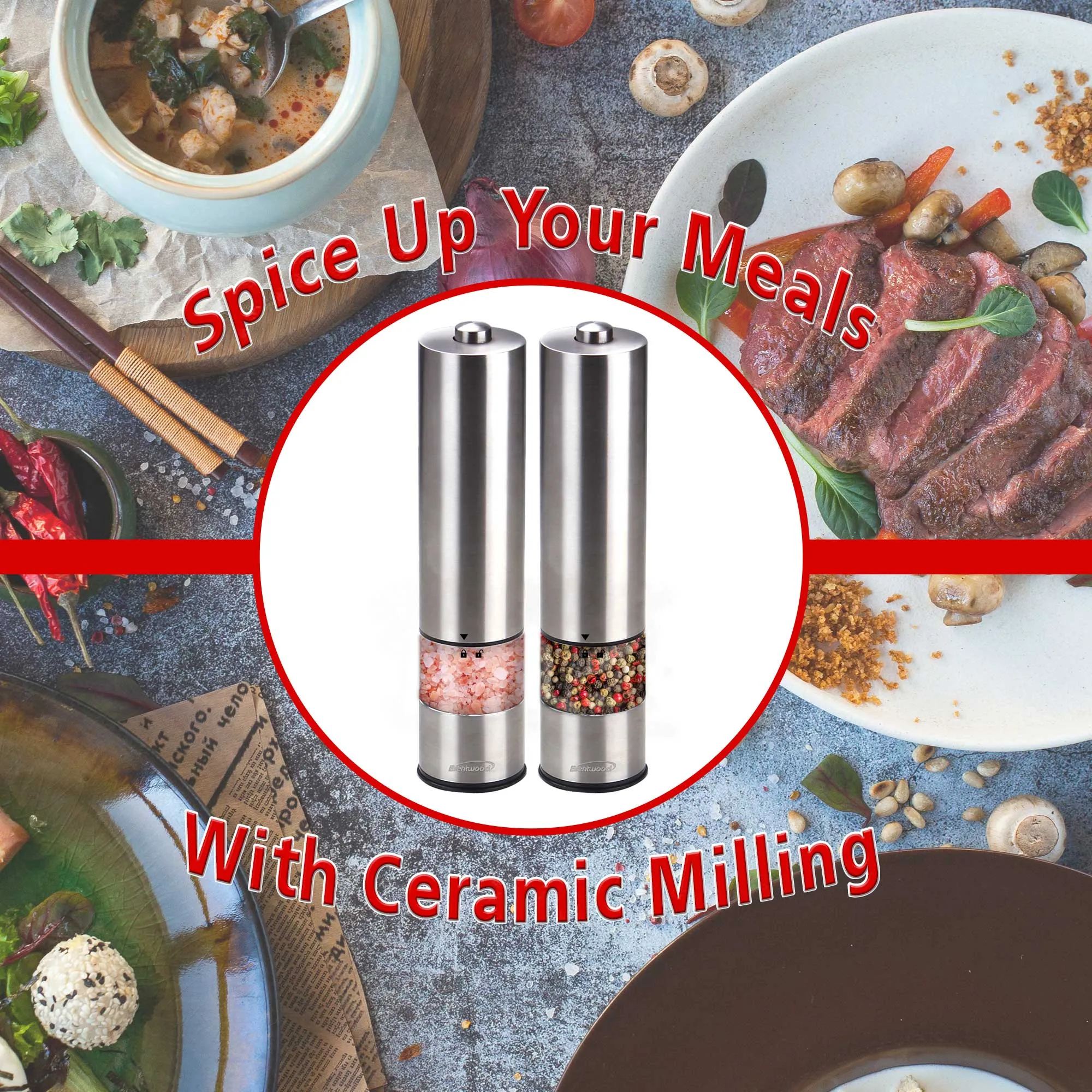 Brentwood SG-2321S Electric Blue LED Salt and Pepper Adjustable Ceramic Grinders, Stainless Steel