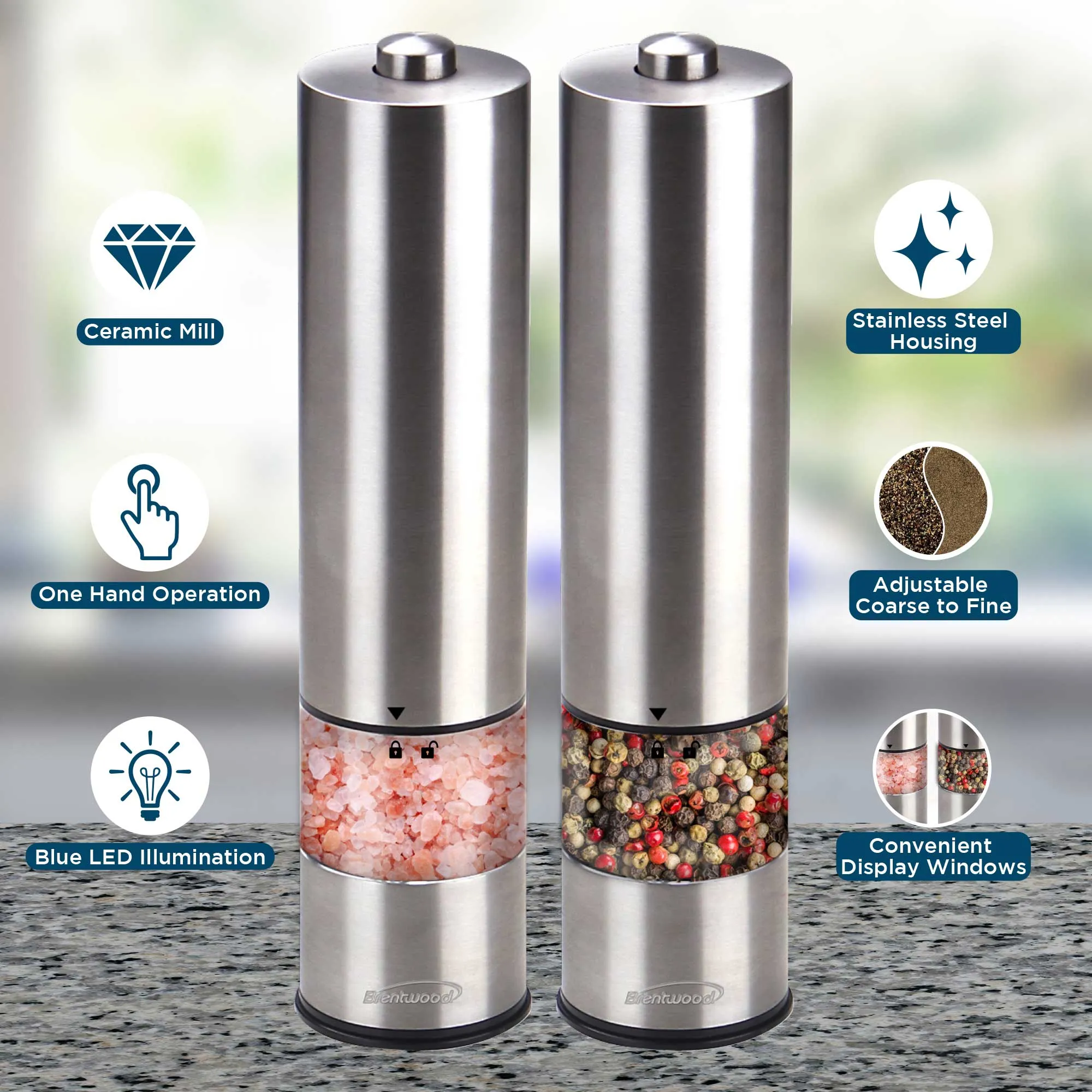 Brentwood SG-2321S Electric Blue LED Salt and Pepper Adjustable Ceramic Grinders, Stainless Steel