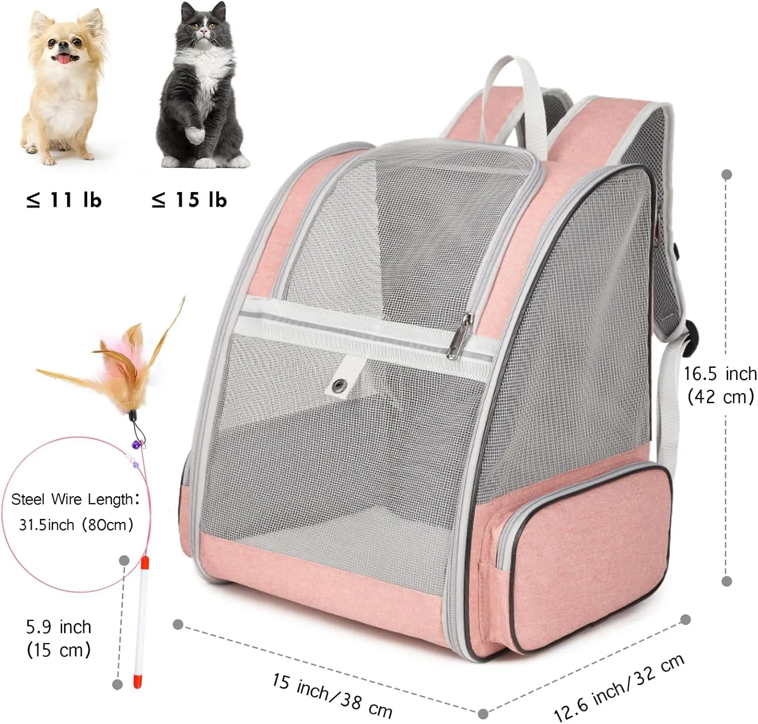 Cat Backpack Carrier, Large Pet Backpack with Kitten Wand Feather Toy for Medium Small Dog Cat Puppy Kitty Bunny up to 15lbs, Ventilated Mesh Dog Travel Carrier for Hiking Walking Outdoor Use (Pink)