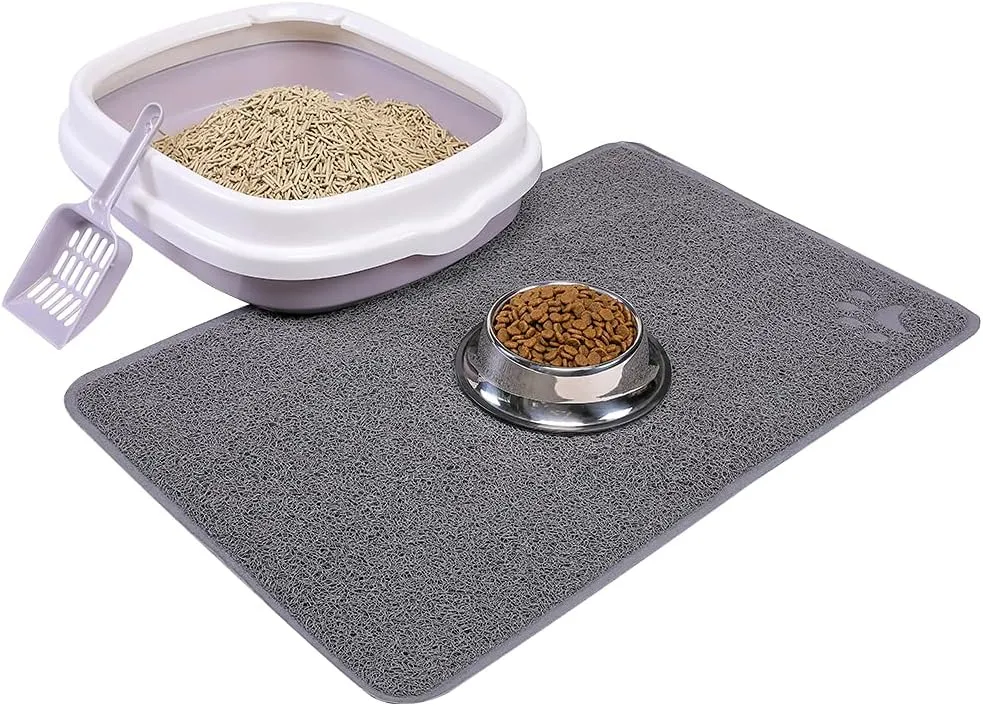 Cat Open Top Litter Box with Lid, Litter Mat, Poop Lifter Scoop & Kitten Kitty Stainless Steel Feeding Dish Bowl, Starter Kit 4 Pack for Small cat Within 5 Months (Grey-Four Entries)