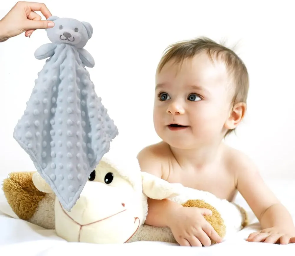 CREVENT Cozy Plush Baby Security Blanket Loveys for Baby Boys, Minky Dot Front   Sherpa Backing with Animal Face (Blue Bear)