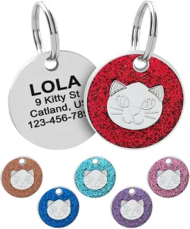 Custom Cat Name Tag ID, Personalized Cute Shiny Kitty Tag, Engraved Cute paw for Puppies with Ring Included (Shiny Round Cat)