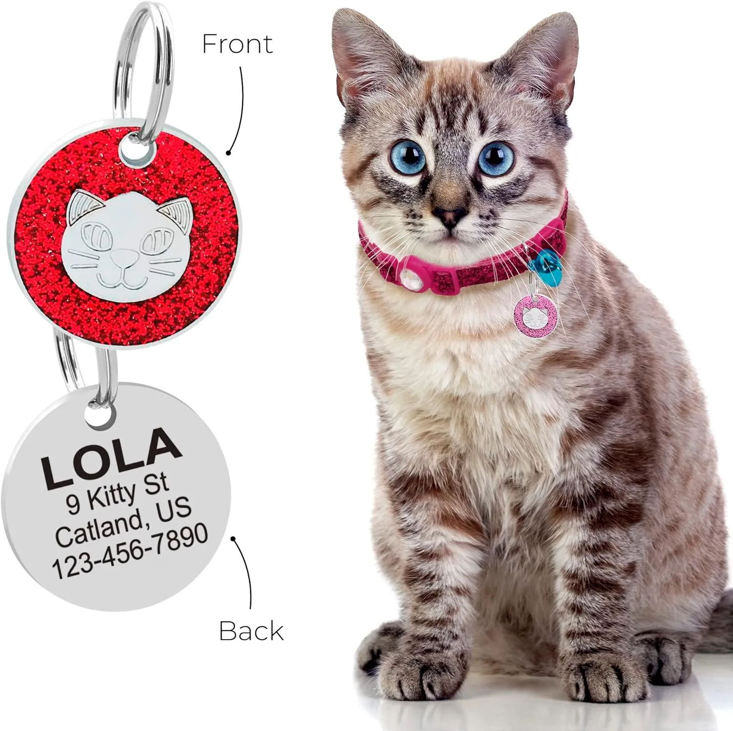 Custom Cat Name Tag ID, Personalized Cute Shiny Kitty Tag, Engraved Cute paw for Puppies with Ring Included (Shiny Round Cat)