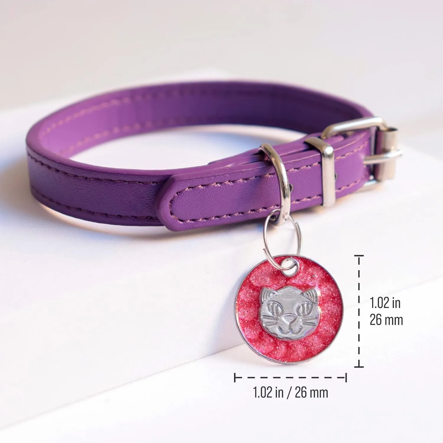 Custom Cat Name Tag ID, Personalized Cute Shiny Kitty Tag, Engraved Cute paw for Puppies with Ring Included (Shiny Round Cat)