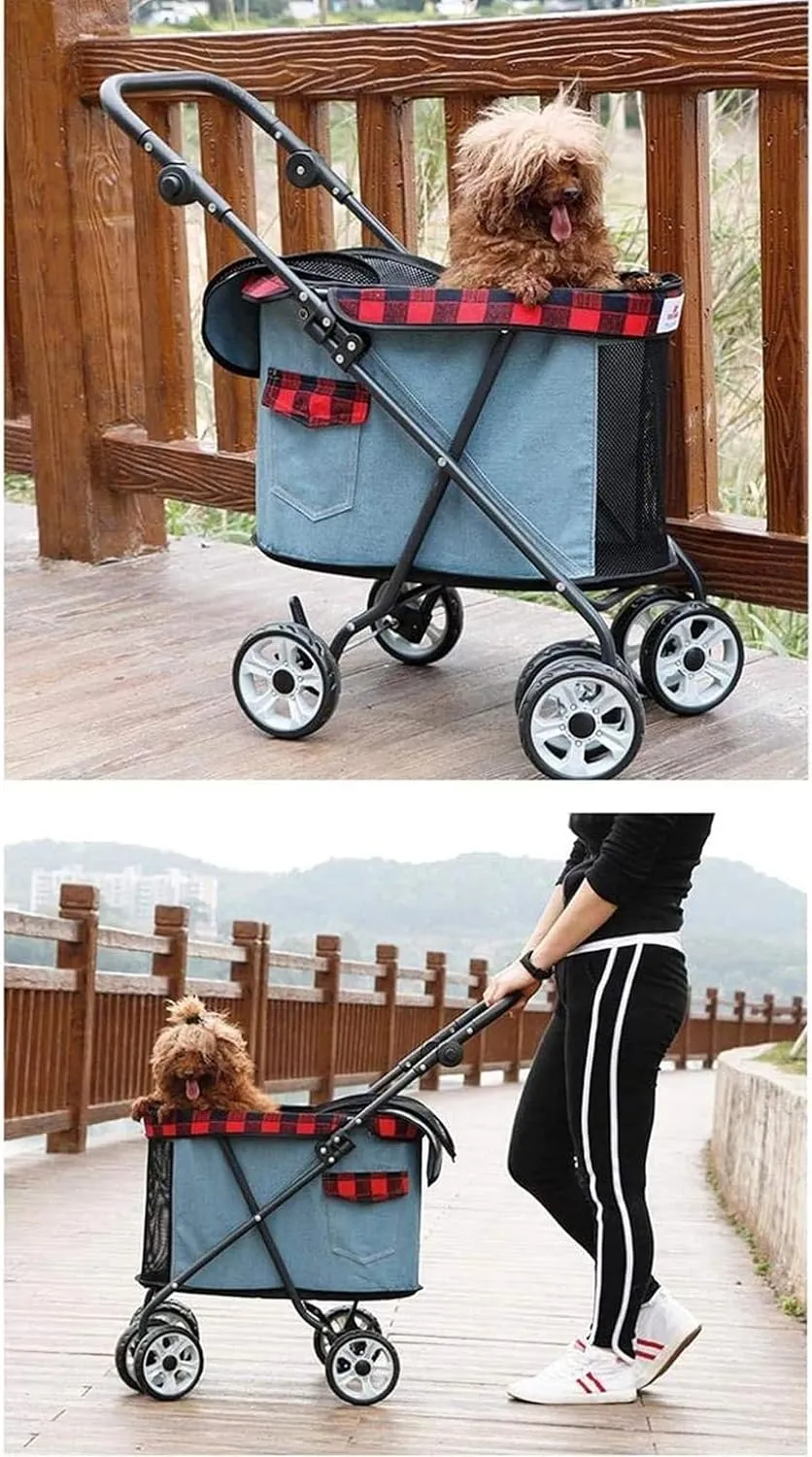Dog Cat Pet Travel Stroller Pushchair Two Front Swivel Wheels and Rear Brake 4 Wheels Foldable Large Pram (Grey)