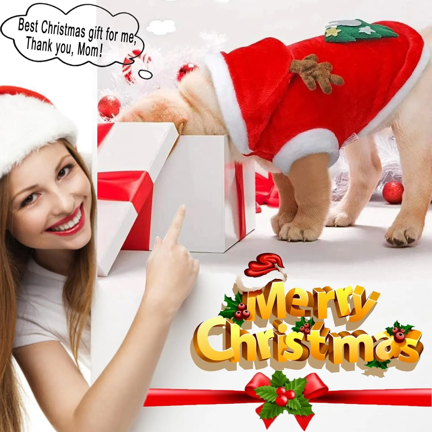 Dog Christmas Costumes, Pet Cold Weather Sweater Coat, Puppy Santa Claus Reindeer Outfit Winter Hoodie Warm Vest Clothes, Jumpsuit Apparel for Small Medium Dogs Cats Party Cosplay (Medium)