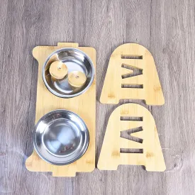 Durable Bamboo Dog Food and Water Bowl Set, Height Adjustable Cat Feeding Station with 2 Stainless Steel Dog Bowls Pet Bowls Suitable for Small Cats and Dogs
