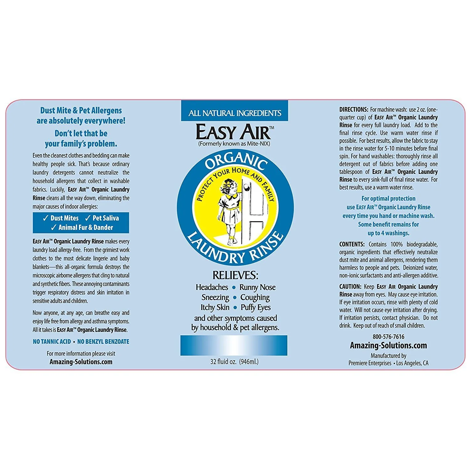Easy Air Organic Allergy Relief Laundry Rinse Refill, 32oz. - 2 Pack