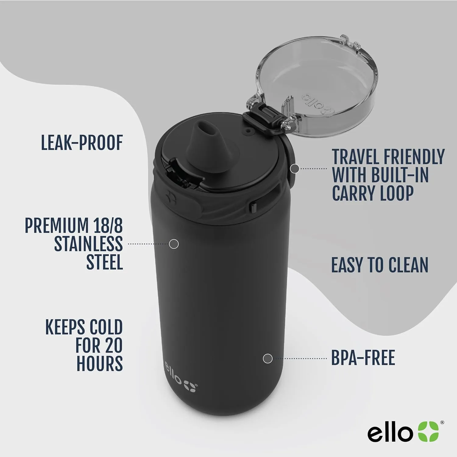 Ello Cooper 18oz Kids Stainless Steel Water Bottle Vacuum Insulated with Straw and Carry Handle, Leak Proof Locking Lid with Soft Silicone Spout, Fits Car Cupholder, Dishwasher Safe, Bonfire