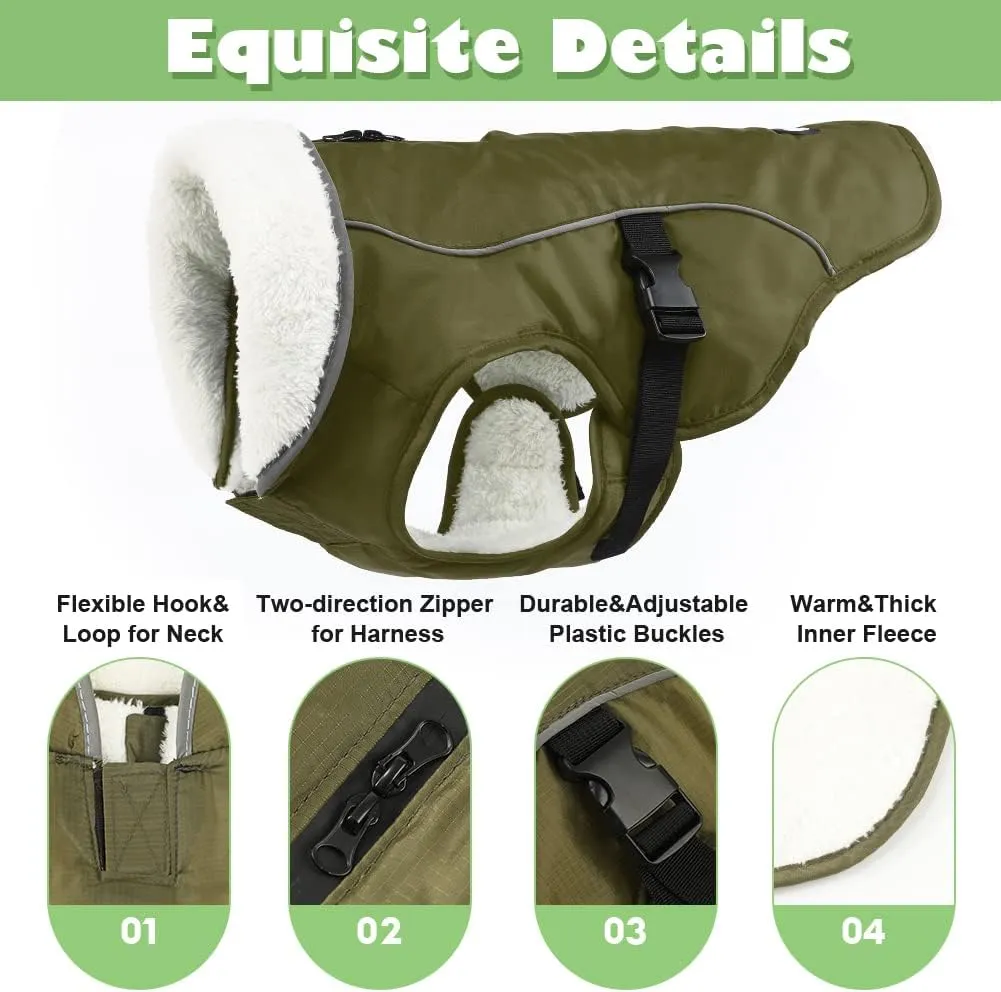 EMUST Winter Dog Jacket, Windproof Dog Apparel for Cold Weather, Reflective Coats for Dogs, Warm Puppy Jacket, Green, S