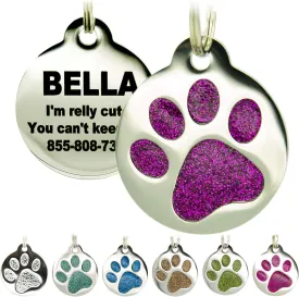 Engraved Pet Tag for Dogs & Cats - Personalized with 4 Lines of Custom Engraved ID, Round Paw Print Stainless Steel Enameled in 6 colors: Ocean Blue, Aquamarine, Deep Pink, Magenta, Pale Green, Amber