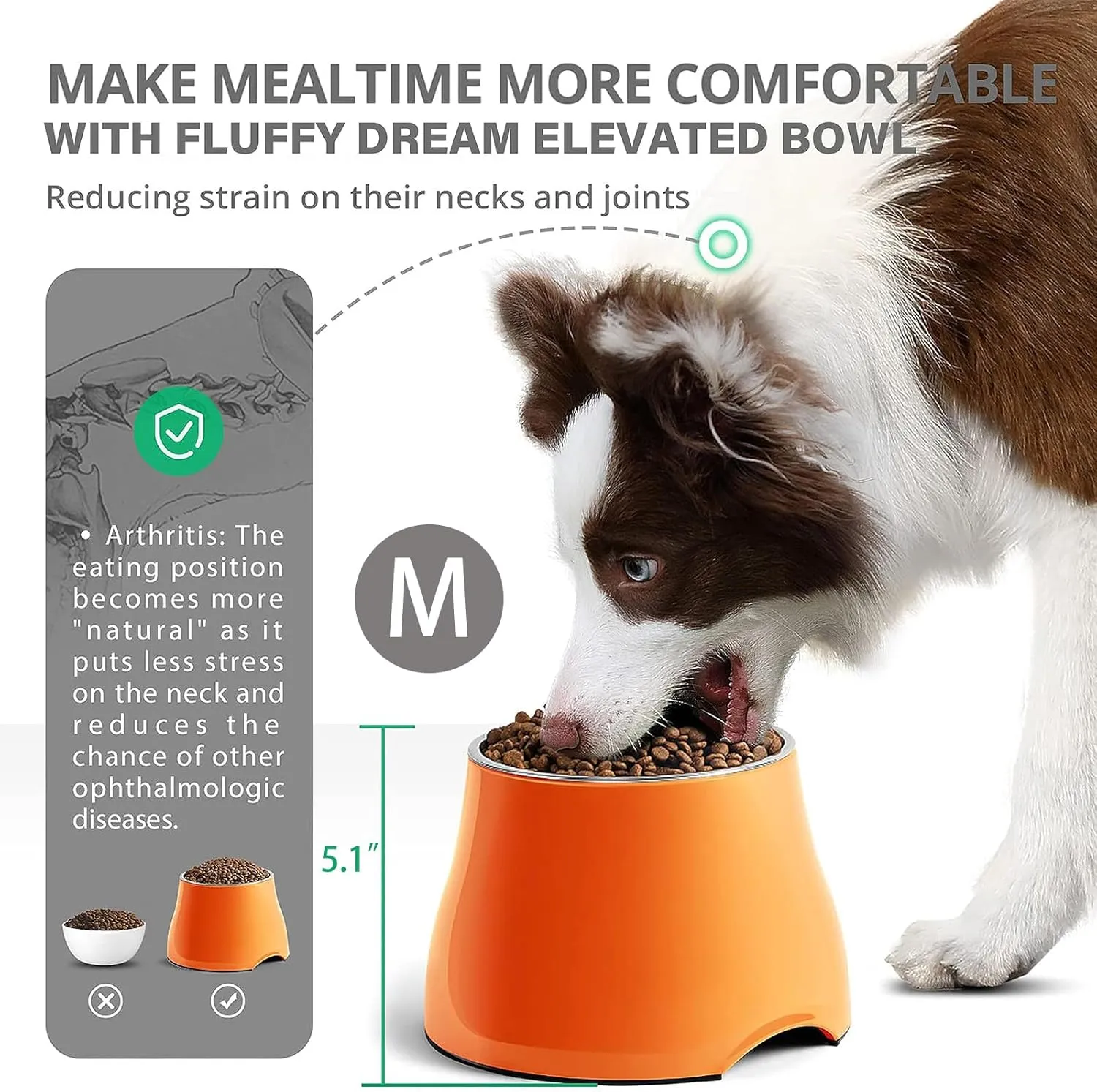 FluffyDream Elevated Dog Bowls, Sturdy Non-Slip Dog Bowl with Stainless Steel Bowl, Wearing Cone, Long Ears, Colorful Raised Bowls for Medium/Small Dogs, SunshineOrange, M (540ML / 2 Cups)