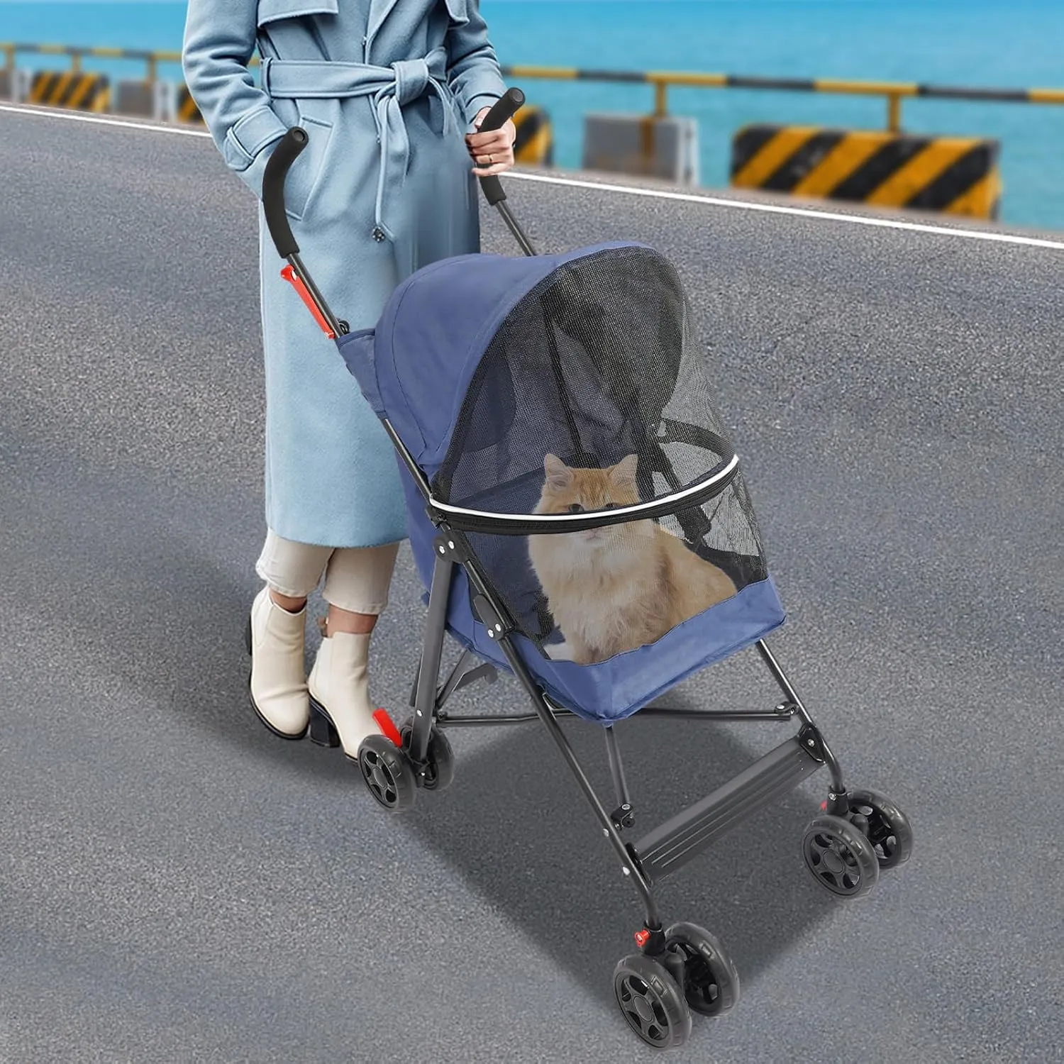 Folding Pet Stroller, Dog Stroller w/Sun Cover, Pad, Breathable Mesh Window Jogging Strollers Lightweight Travel Strollers for Small/Medium Dogs, Cats up to 22lbs (Blue)