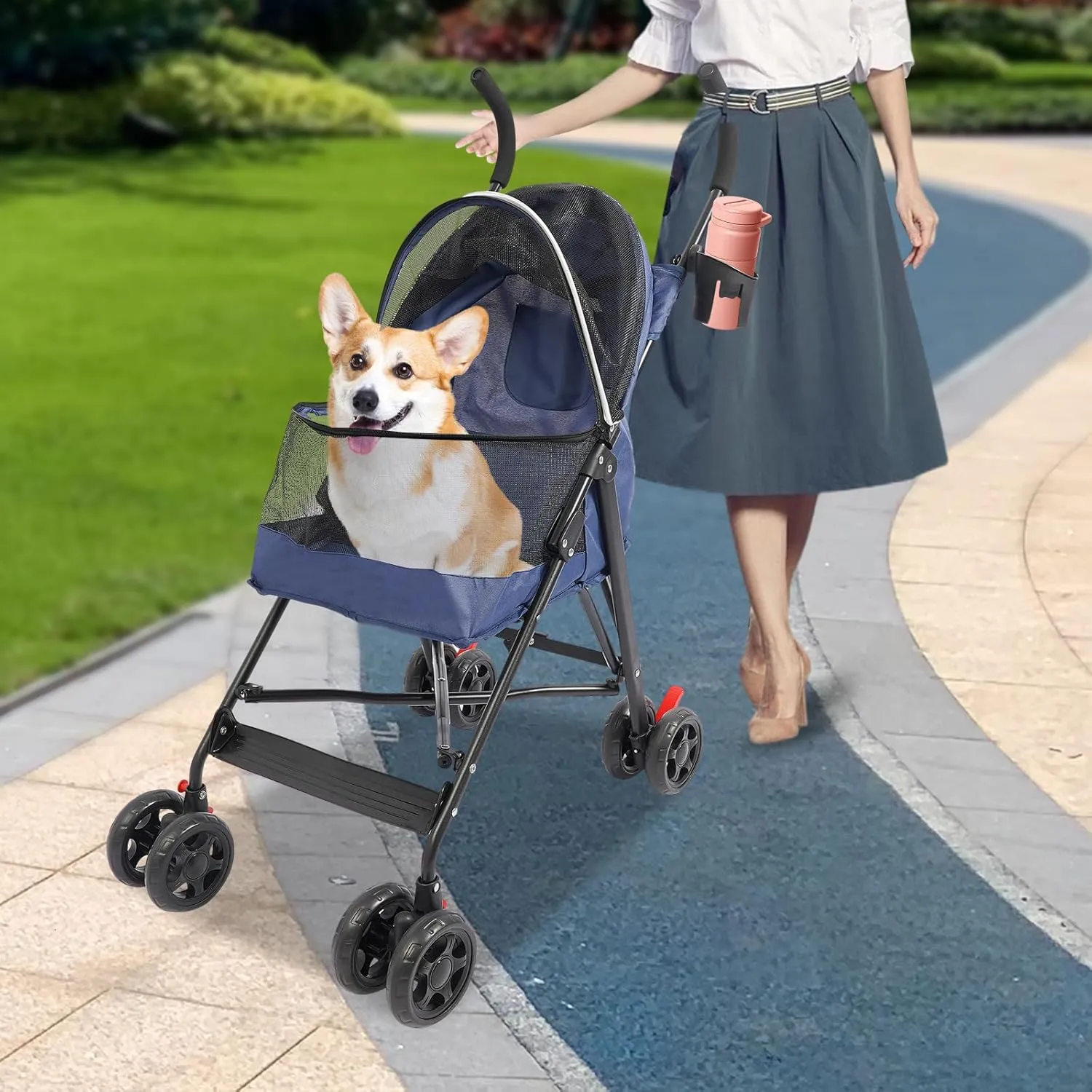 Folding Pet Stroller, Dog Stroller w/Sun Cover, Pad, Breathable Mesh Window Jogging Strollers Lightweight Travel Strollers for Small/Medium Dogs, Cats up to 22lbs (Blue)