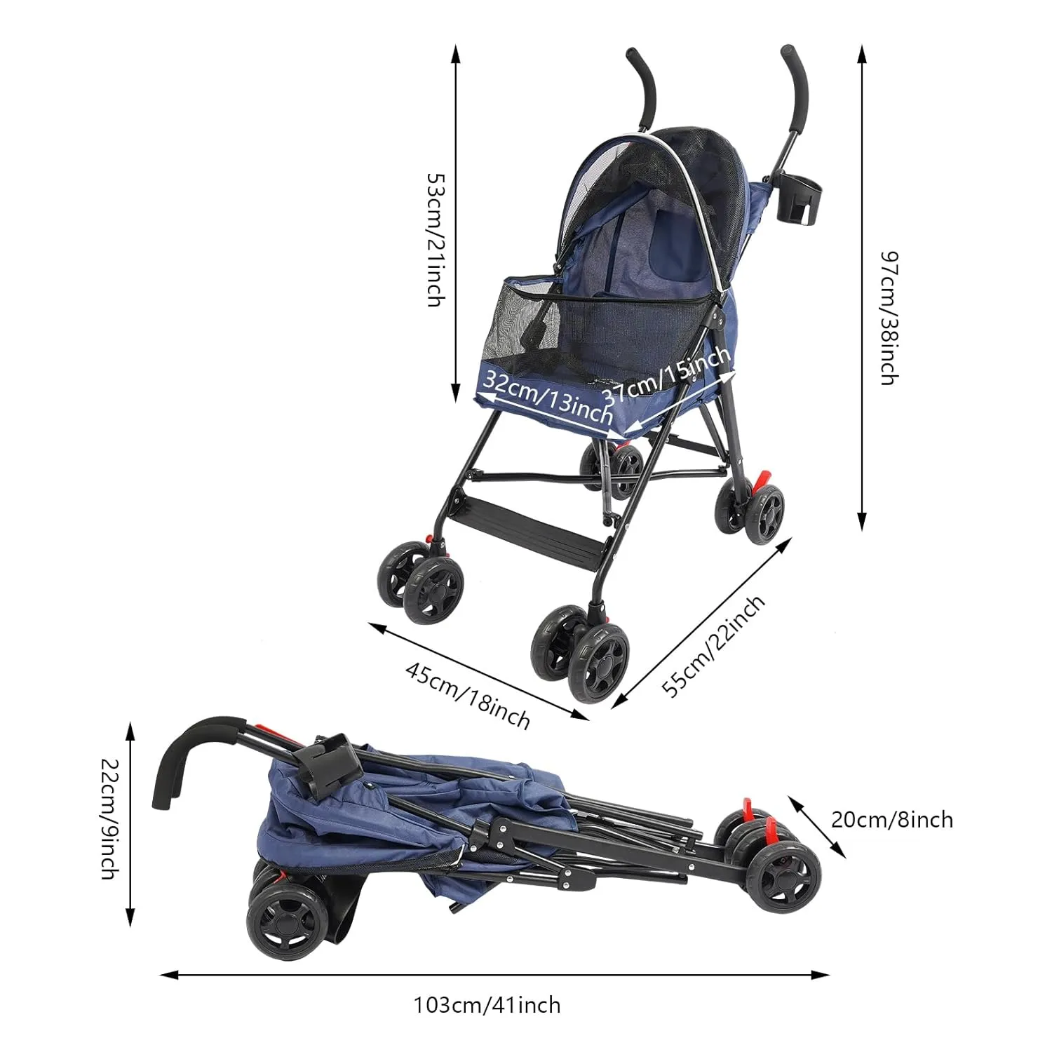 Folding Pet Stroller, Dog Stroller w/Sun Cover, Pad, Breathable Mesh Window Jogging Strollers Lightweight Travel Strollers for Small/Medium Dogs, Cats up to 22lbs (Blue)