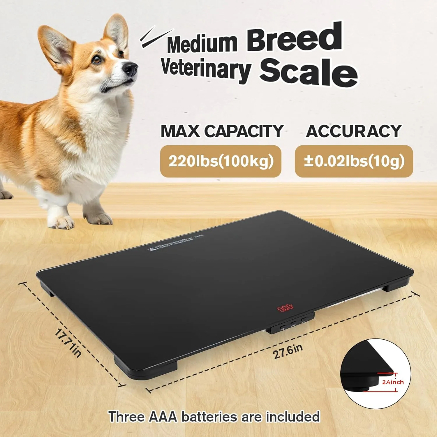 Helsevesen Dog Scale, Medium Breed Veterinary Scale (10g) Accuracy, Red LED, 28 x 18 inch Tempered Glass Platform with Anti Slip Sticker, Digital Pet Scales PS-220M