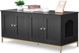 Homhedy Cat Litter Box Enclosure for 2 Cats, Cat Washroom Furniture with Double Room, Pet House with Metal Frame, 47.2L x 17.7W x 21.7H, Black and Gold