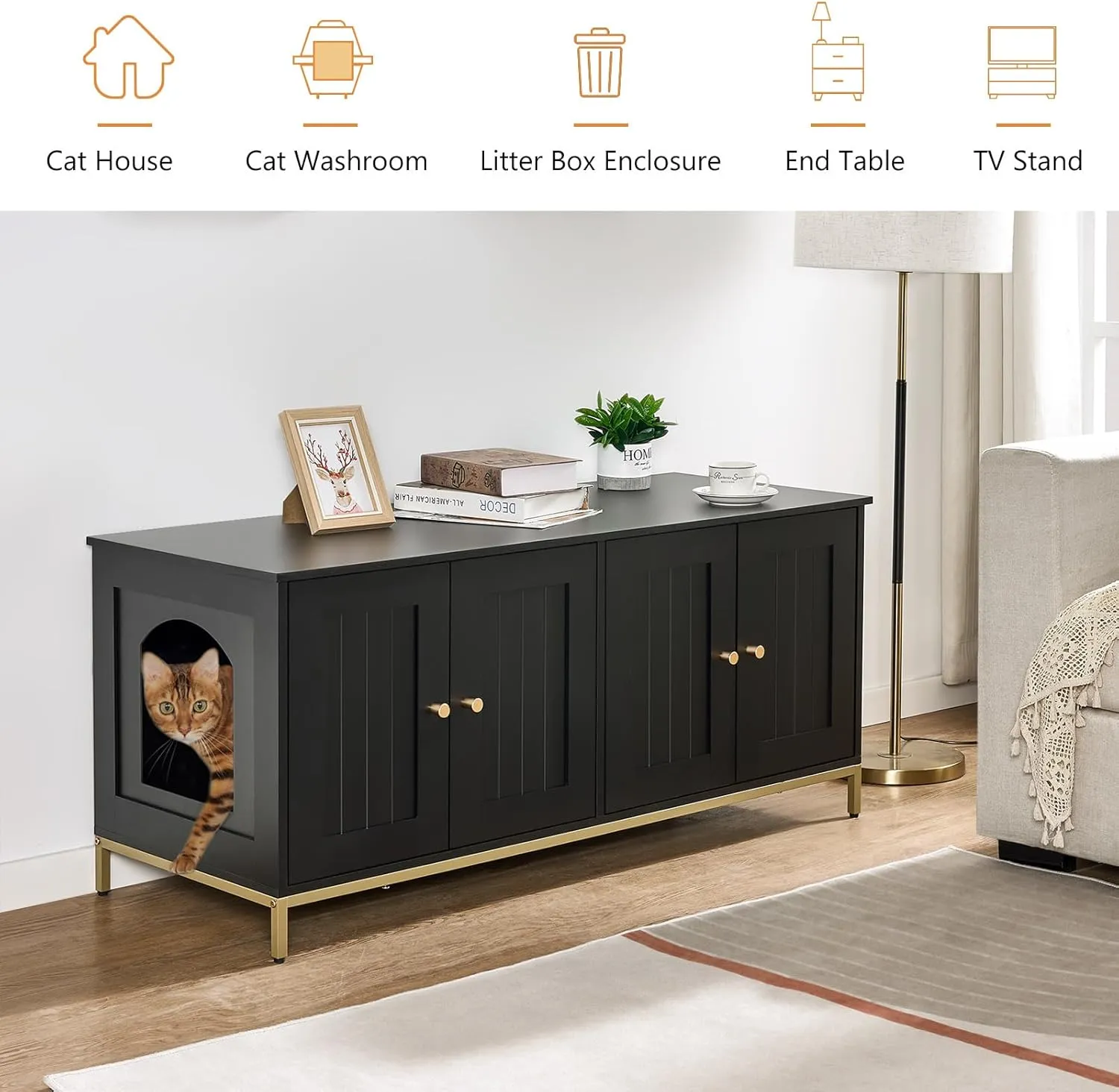 Homhedy Cat Litter Box Enclosure for 2 Cats, Cat Washroom Furniture with Double Room, Pet House with Metal Frame, 47.2L x 17.7W x 21.7H, Black and Gold