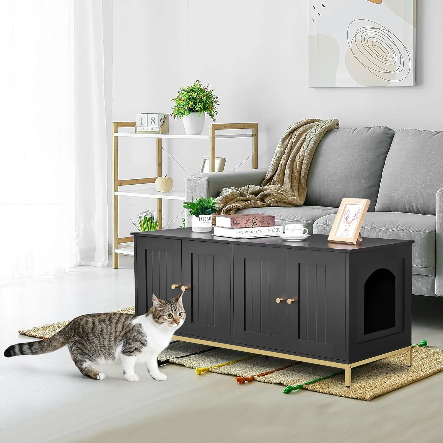 Homhedy Cat Litter Box Enclosure for 2 Cats, Cat Washroom Furniture with Double Room, Pet House with Metal Frame, 47.2L x 17.7W x 21.7H, Black and Gold