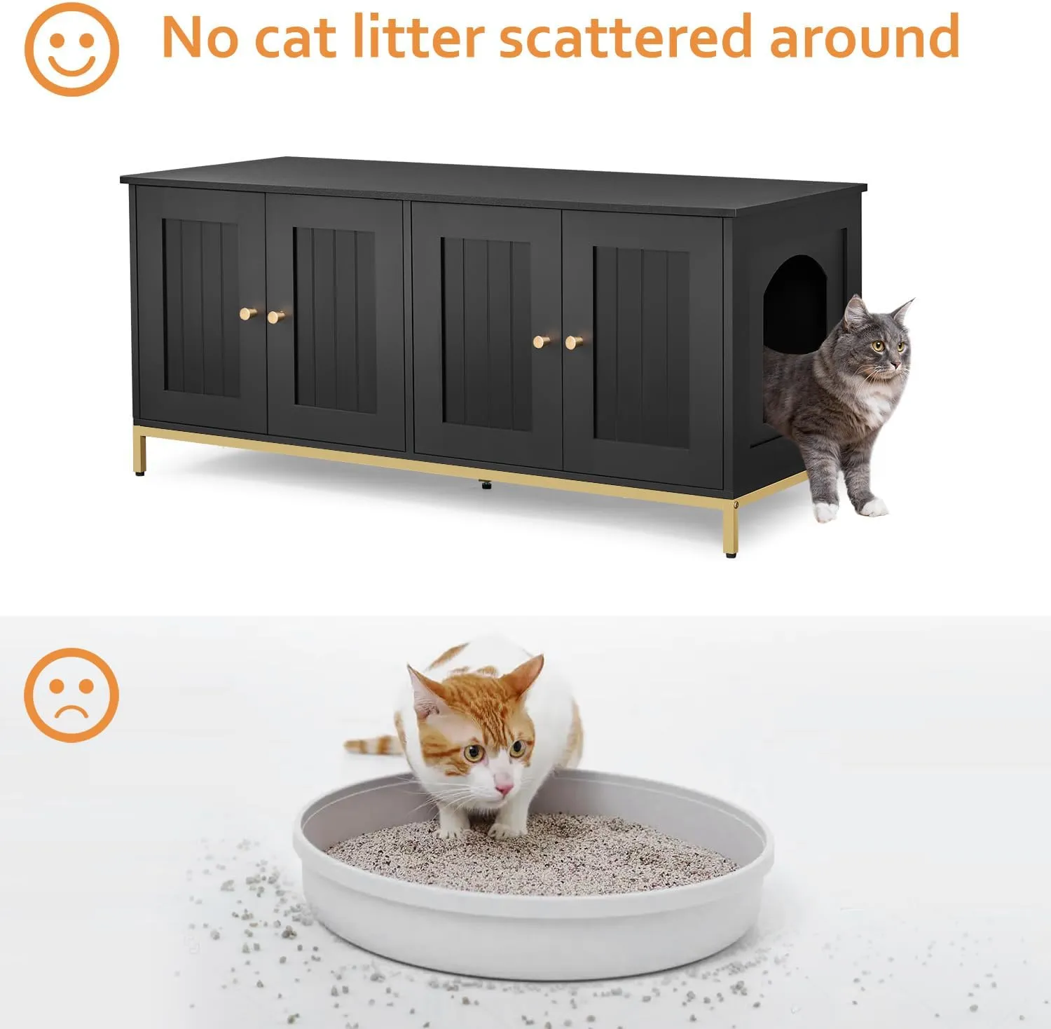 Homhedy Cat Litter Box Enclosure for 2 Cats, Cat Washroom Furniture with Double Room, Pet House with Metal Frame, 47.2L x 17.7W x 21.7H, Black and Gold