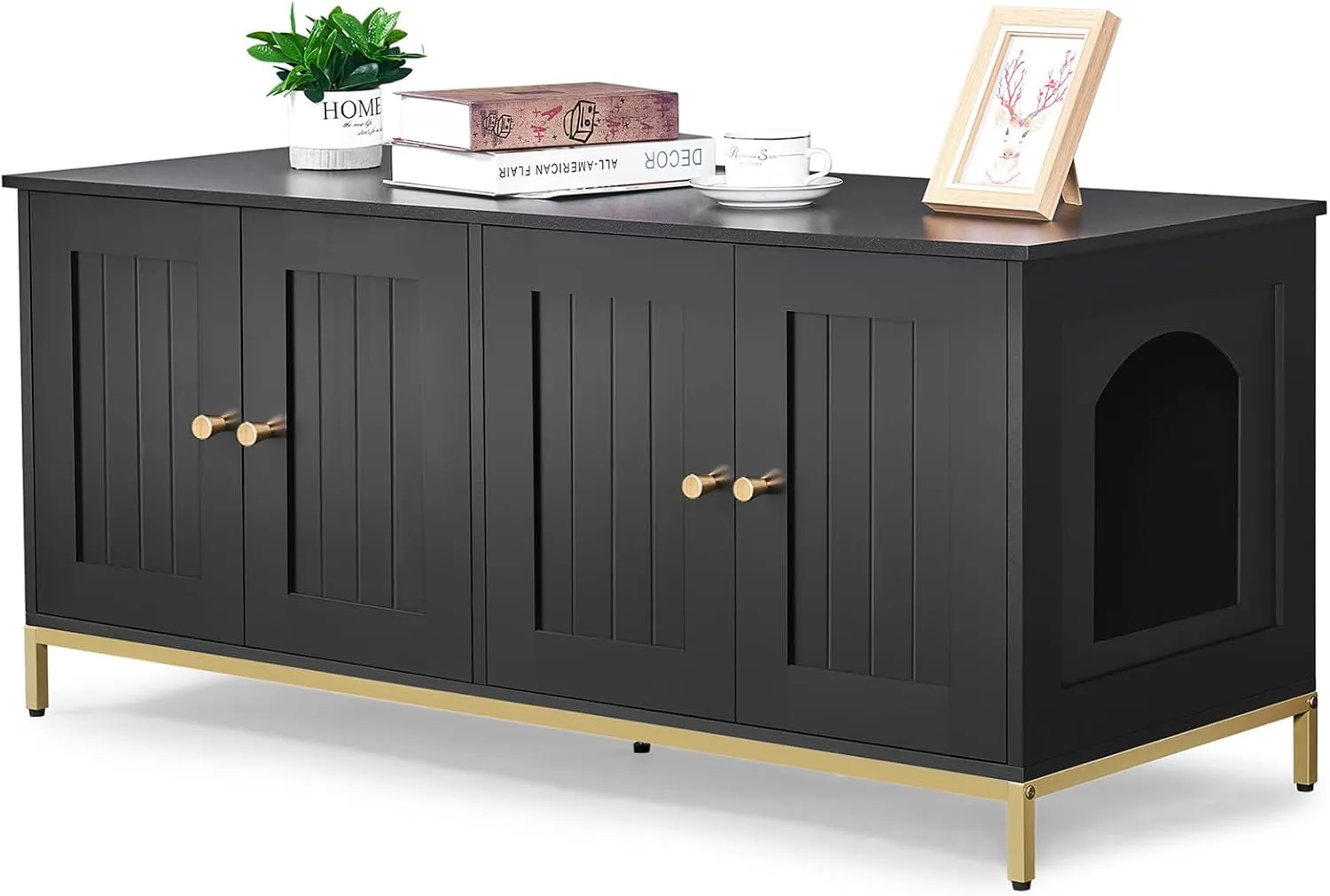 Homhedy Cat Litter Box Enclosure for 2 Cats, Cat Washroom Furniture with Double Room, Pet House with Metal Frame, 47.2L x 17.7W x 21.7H, Black and Gold