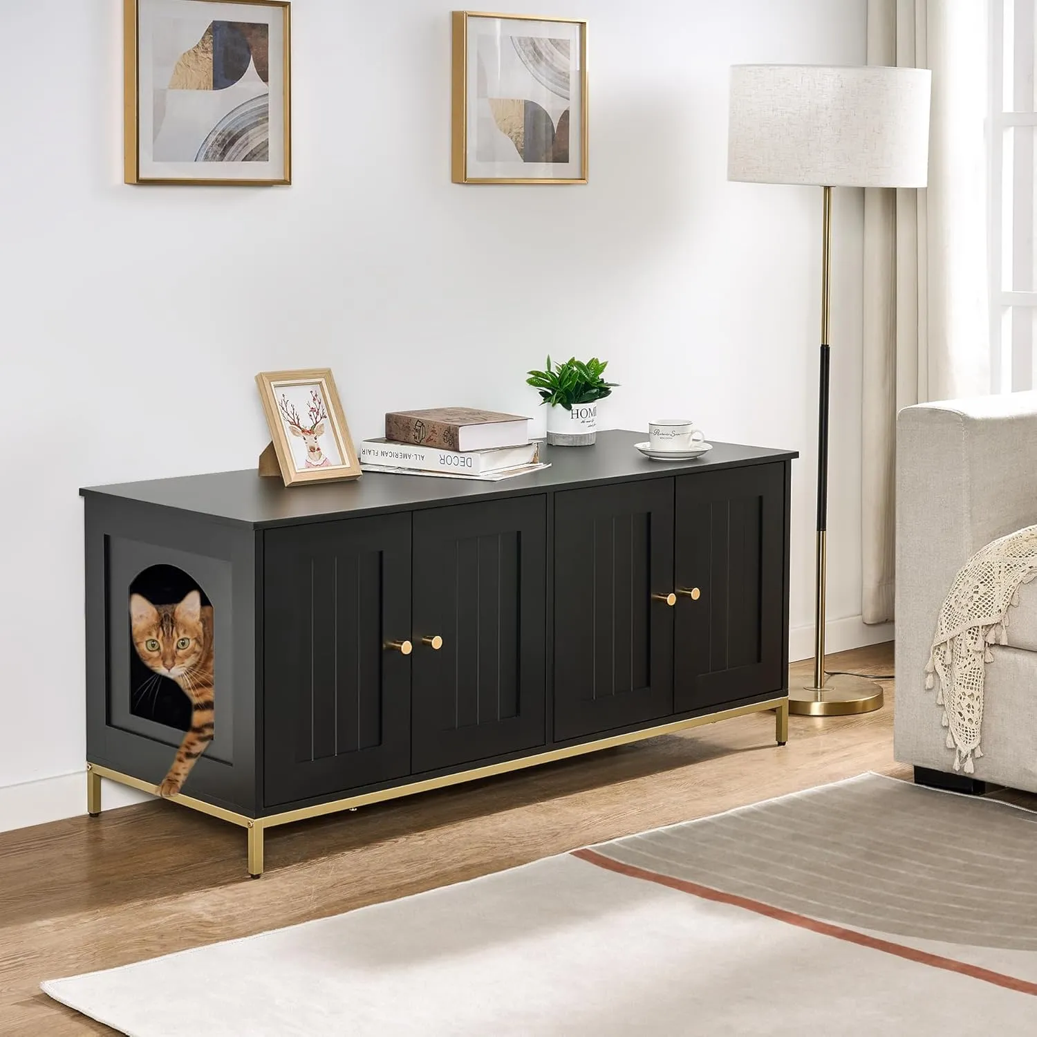 Homhedy Cat Litter Box Enclosure for 2 Cats, Cat Washroom Furniture with Double Room, Pet House with Metal Frame, 47.2L x 17.7W x 21.7H, Black and Gold