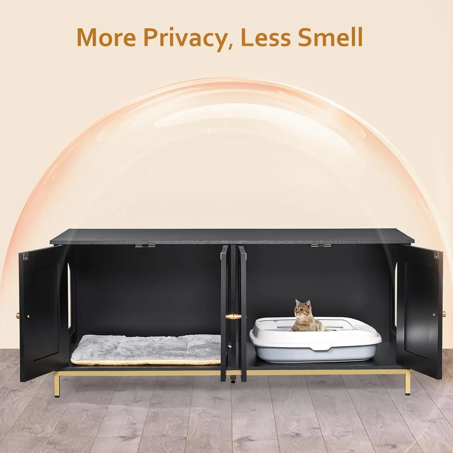 Homhedy Cat Litter Box Enclosure for 2 Cats, Cat Washroom Furniture with Double Room, Pet House with Metal Frame, 47.2L x 17.7W x 21.7H, Black and Gold