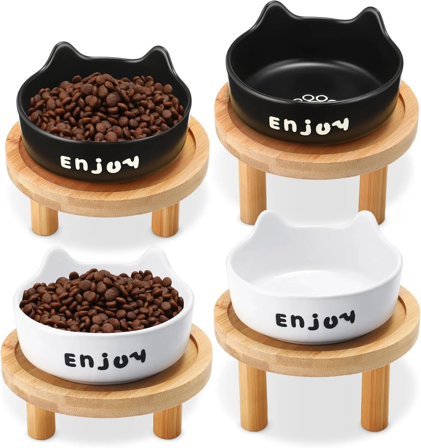 Honeydak 4 Set Shallow Elevated Cat Bowls with Bamboo Stand Ceramic Dishes Suitable for Feeding Stations for Pets Comfortable Eating Indoor Use for Cats and Kittens(White Black)