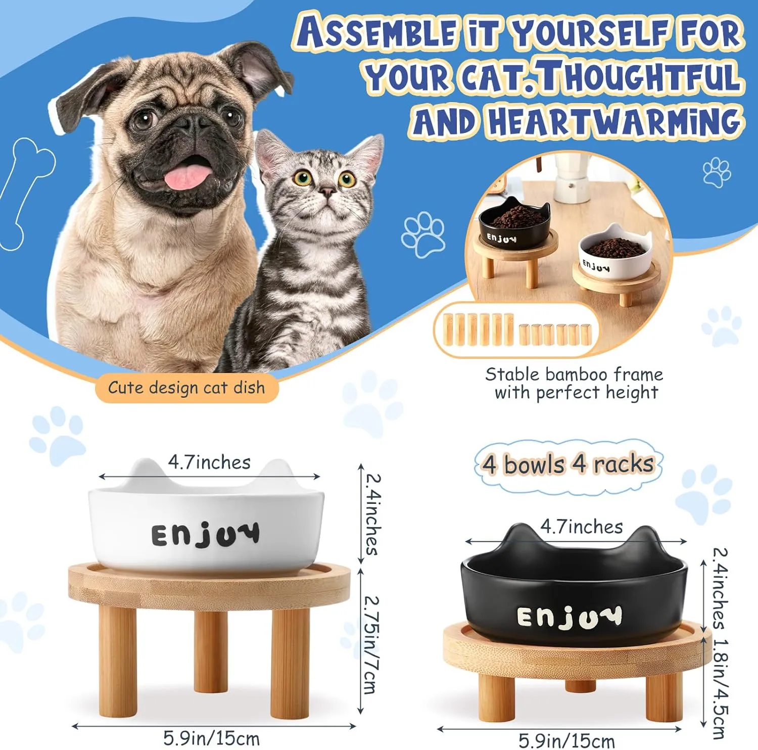 Honeydak 4 Set Shallow Elevated Cat Bowls with Bamboo Stand Ceramic Dishes Suitable for Feeding Stations for Pets Comfortable Eating Indoor Use for Cats and Kittens(White Black)