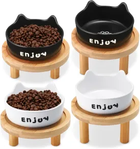 Honeydak 4 Set Shallow Elevated Cat Bowls with Bamboo Stand Ceramic Dishes Suitable for Feeding Stations for Pets Comfortable Eating Indoor Use for Cats and Kittens(White Black)