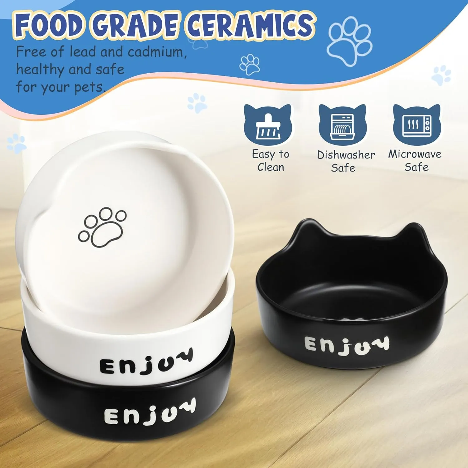 Honeydak 4 Set Shallow Elevated Cat Bowls with Bamboo Stand Ceramic Dishes Suitable for Feeding Stations for Pets Comfortable Eating Indoor Use for Cats and Kittens(White Black)