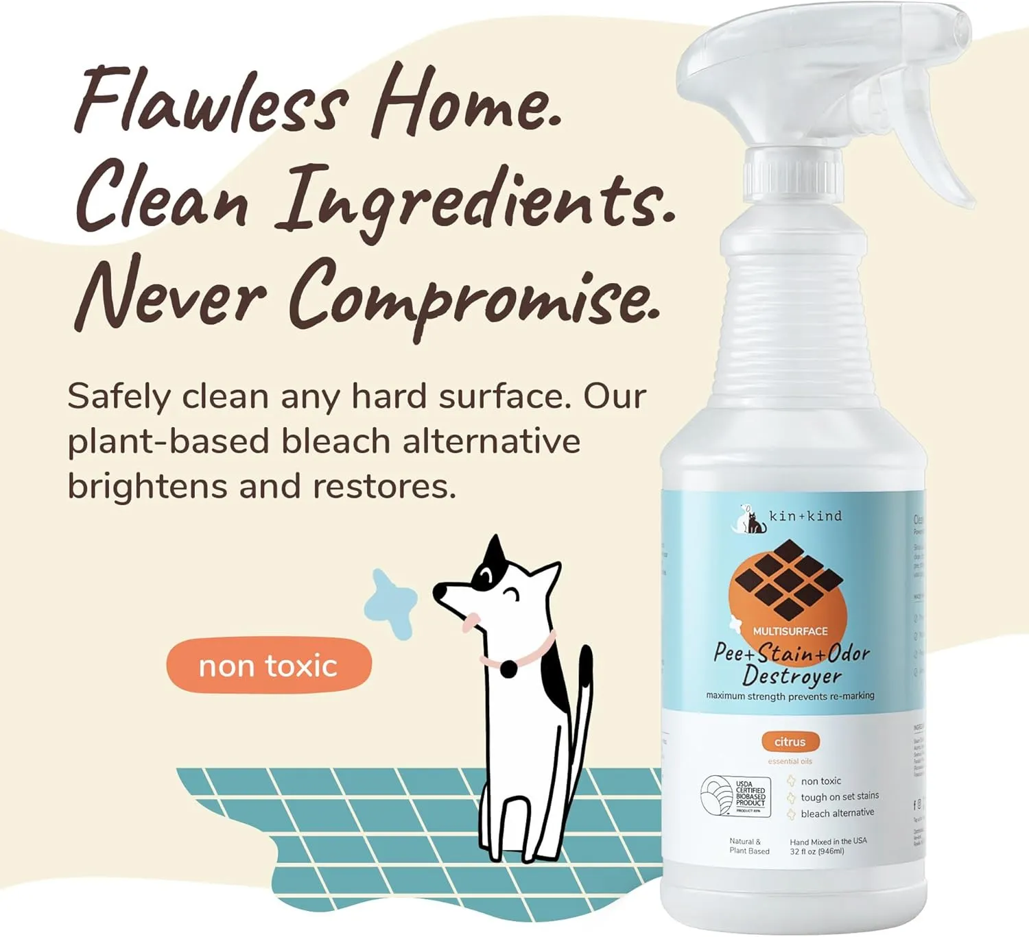 kin kind Pet Odor Eliminator for Home - Litter Deodorizer, Pet Urine Odor Eliminator Spray and Stain Remover Spray for Harwood Floods, Carpet and Fabric - Pee, Odor and Stain Destroyer 32 fl oz
