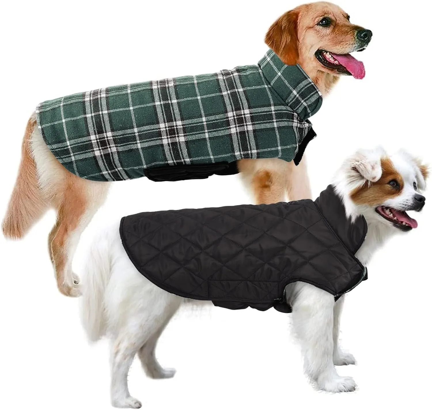 MIGOHI Reversible Dog Coat - Windproof & Waterproof Winter Jacket for Cold Weather, Plaid Dog Coats in Green L, Sizes S, M, L