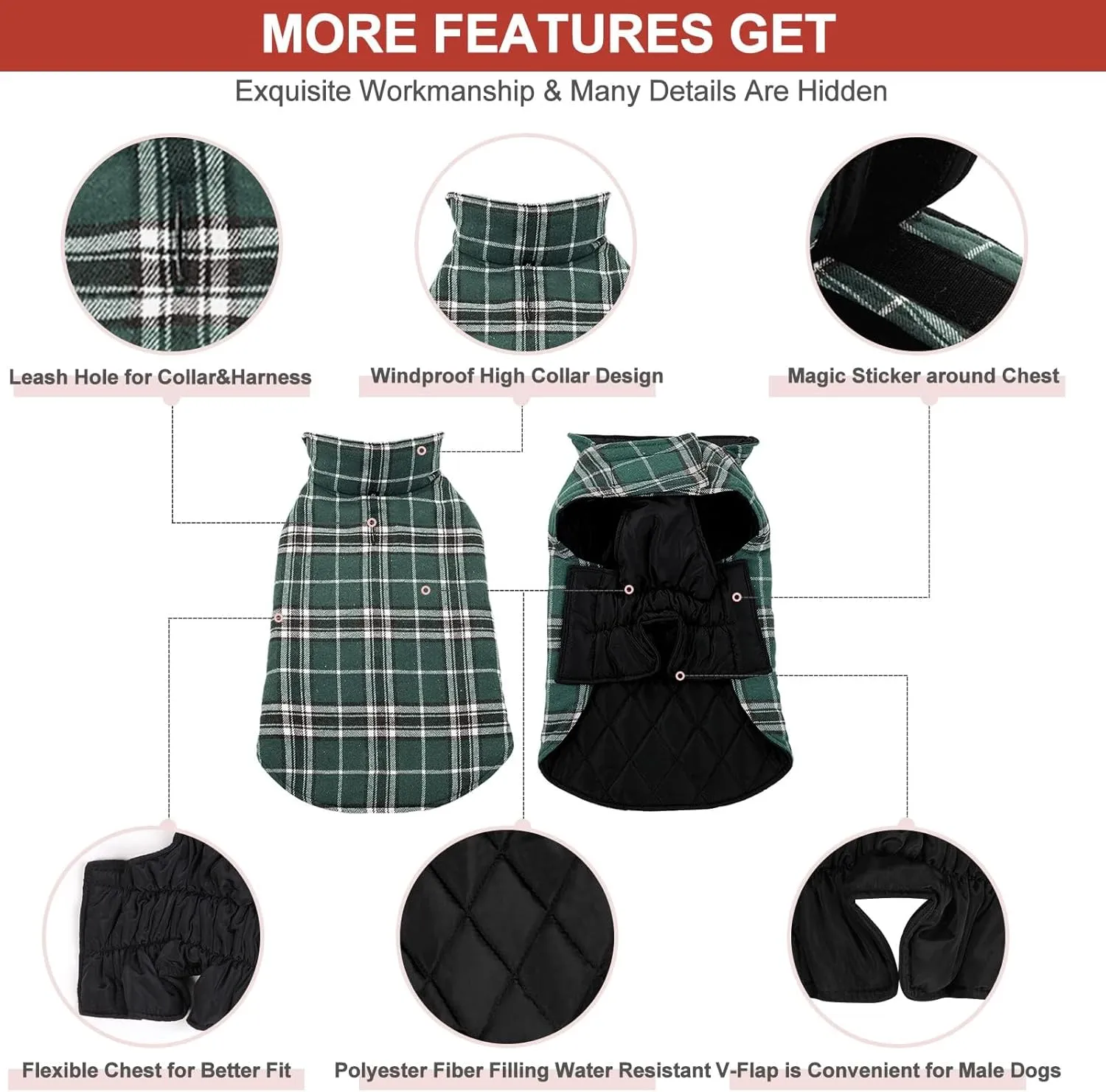 MIGOHI Reversible Dog Coat - Windproof & Waterproof Winter Jacket for Cold Weather, Plaid Dog Coats in Green L, Sizes S, M, L