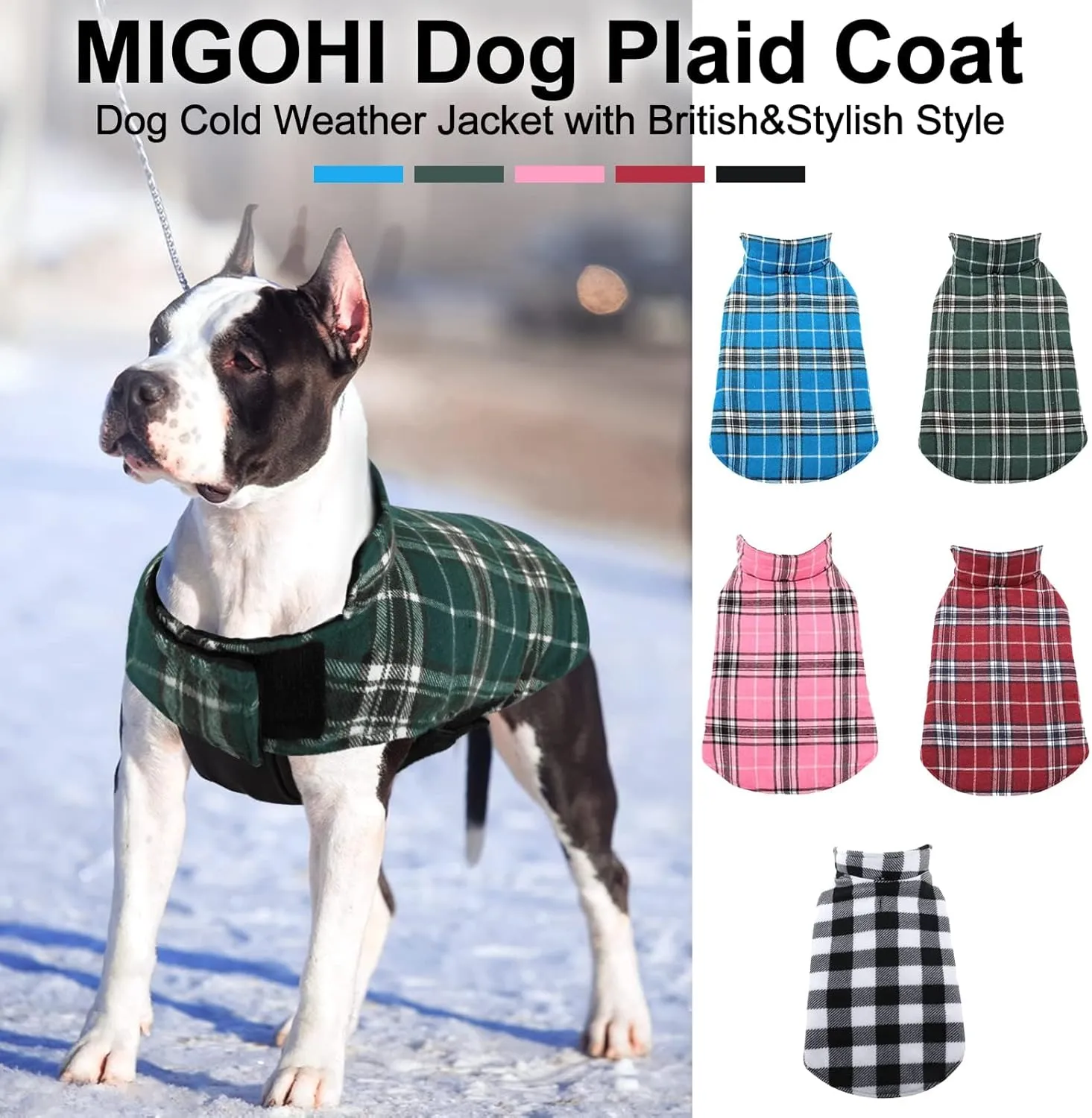 MIGOHI Reversible Dog Coat - Windproof & Waterproof Winter Jacket for Cold Weather, Plaid Dog Coats in Green L, Sizes S, M, L