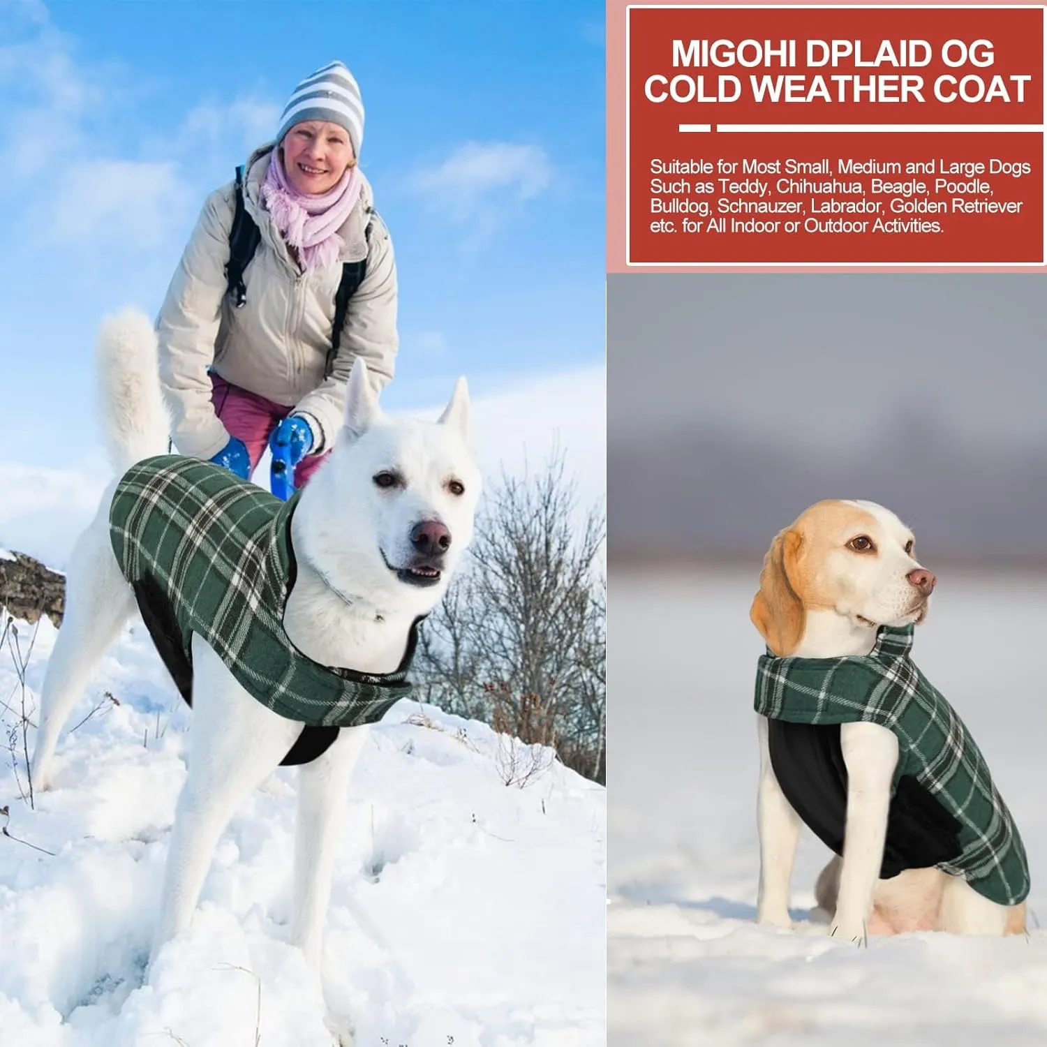 MIGOHI Reversible Dog Coat - Windproof & Waterproof Winter Jacket for Cold Weather, Plaid Dog Coats in Green L, Sizes S, M, L