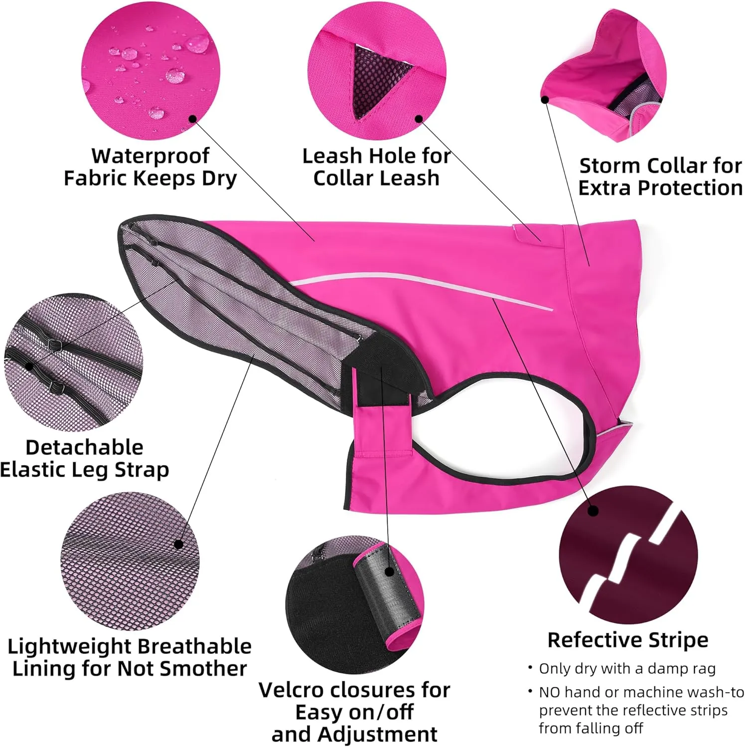 Mile High Life Dog Raincoat, Adjustable Waterproof Reflective Rain Jacket for Small Medium Large Dogs, Lightweight Breathable Pet Rain Coat with Leash Hole(Hot Pink,M Chest 26-32")