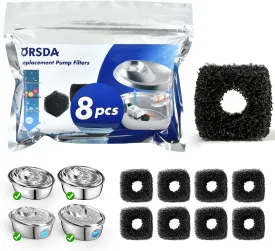 ORSDA Cat Water Fountain Pump Filters Pet Water Fountain Pump Sponges Compatible with All ORSDA/ZeePet Stainless Steel Dog and Cat Water Dispenser Black Filters Universal for All Models (8PCS)